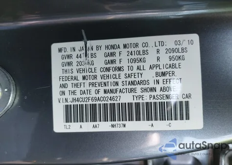 2010 Acura Tsx 2.4 z USA, uszkodzony, nr VIN JH4CU2F69AC024627